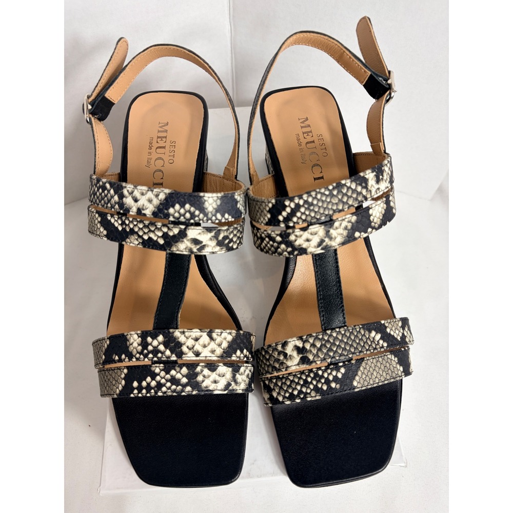 Sesto Meucci Women Sandals Black Snakeskin Block Heel Square Toe 39